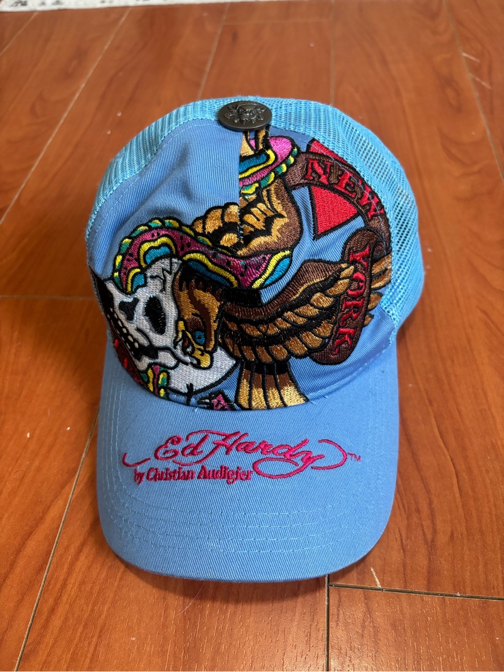 Ed Hardy Light Blue Mesh Cap with Multicolor Embroidery